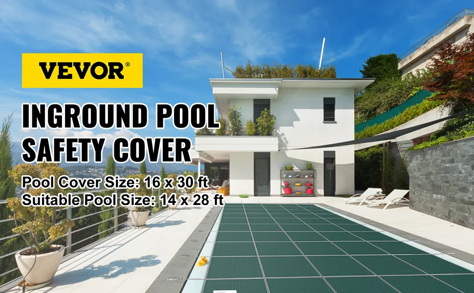 Cubierta de seguridad para piscina VEVOR, 16 x 30 pies, casa moderna blanca con piscina enterrada, patio y cubierta verde.