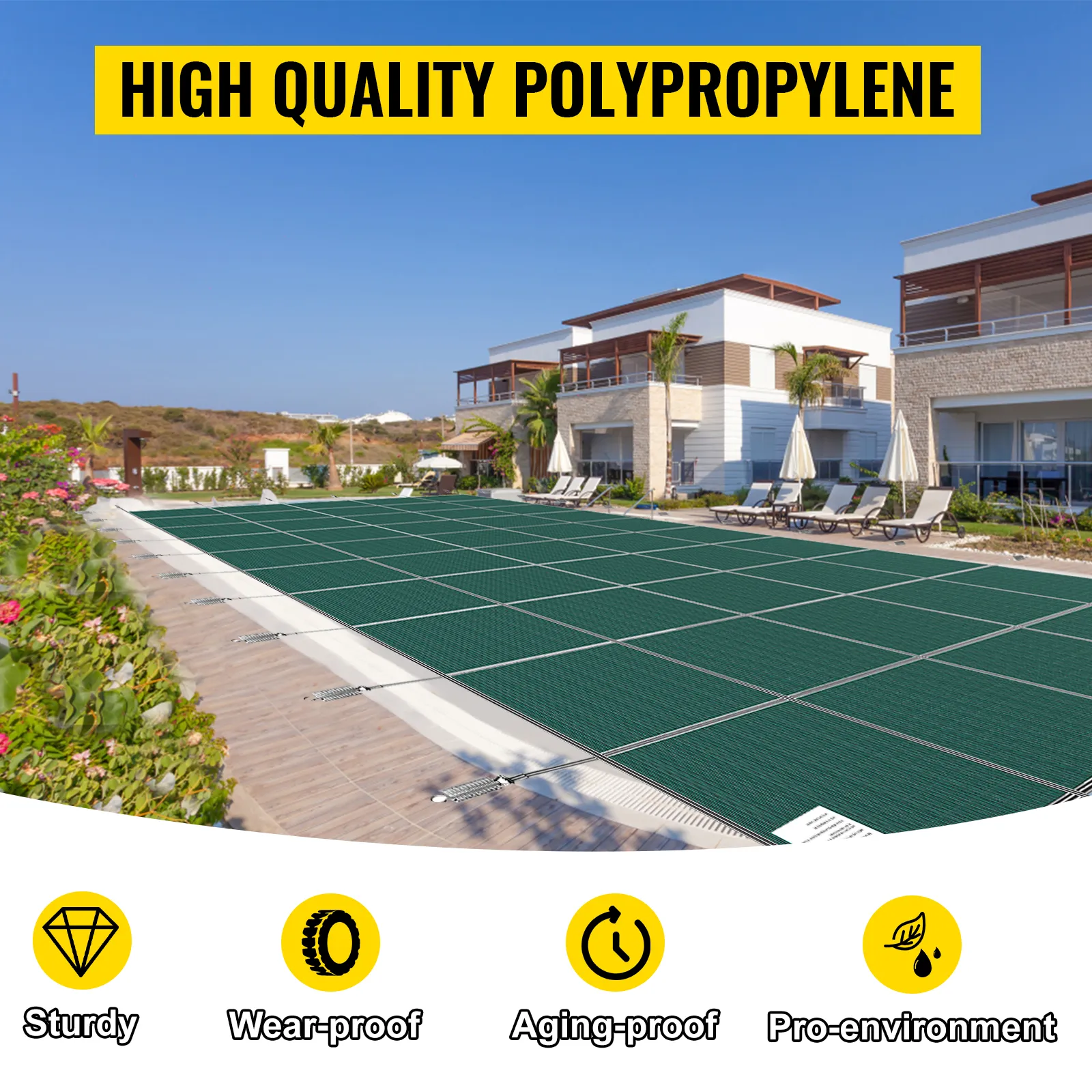 Cubierta de seguridad para piscina VEVOR fabricada en polipropileno de alta calidad en el entorno de la piscina de una villa moderna.