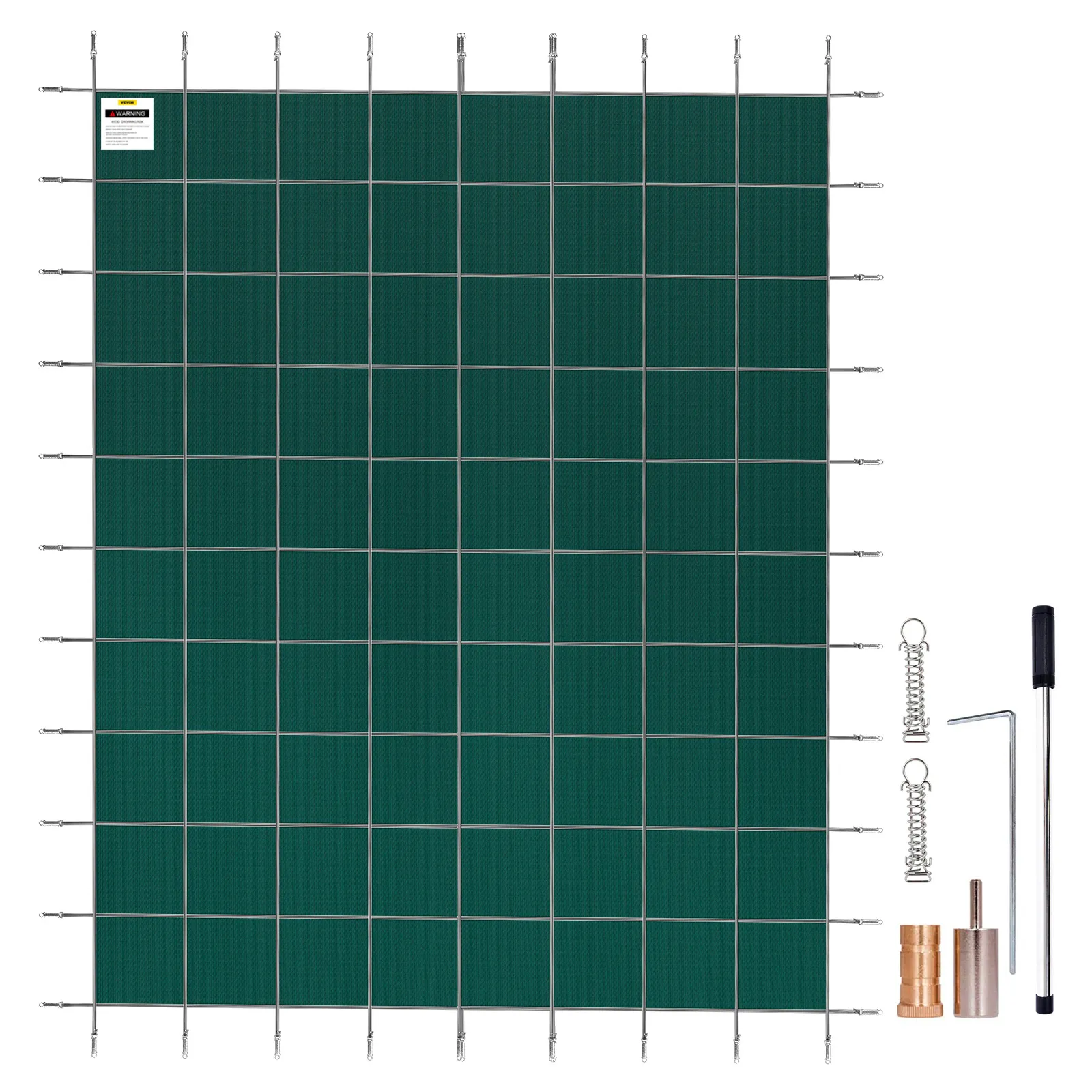 green VEVOR inground pool safety cover with installation tools on white background.