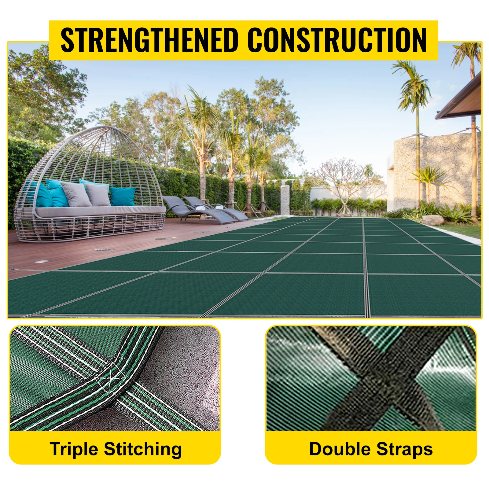 VEVOR inground pool safety cover with triple stitching and double straps, set in a modern backyard.