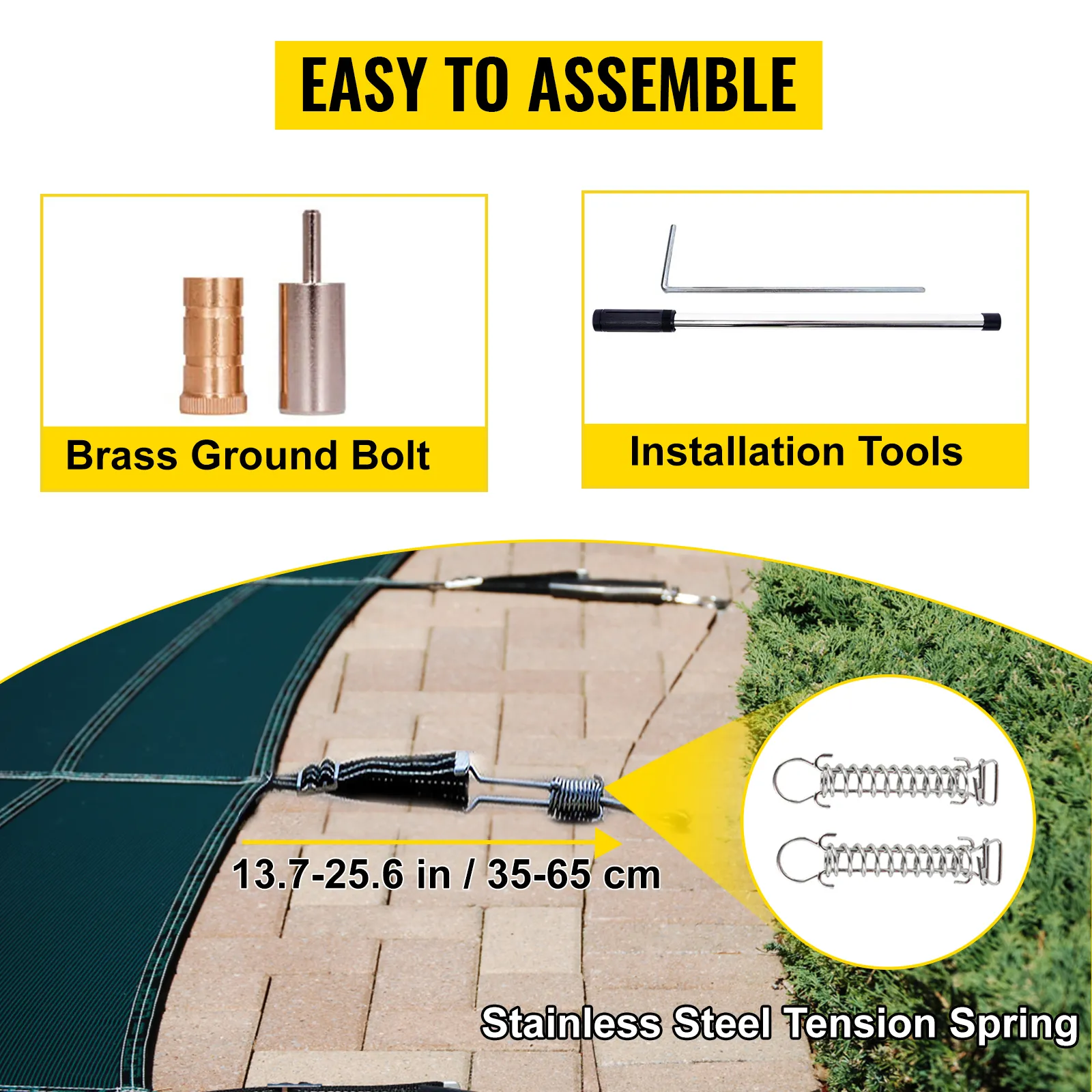 VEVOR inground pool safety cover assembly with brass ground bolt, installation tools, tension spring.