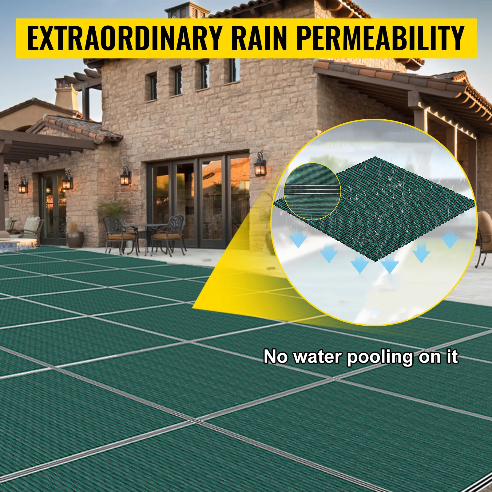 VEVOR inground pool safety cover with extraordinary rain permeability prevents water pooling.