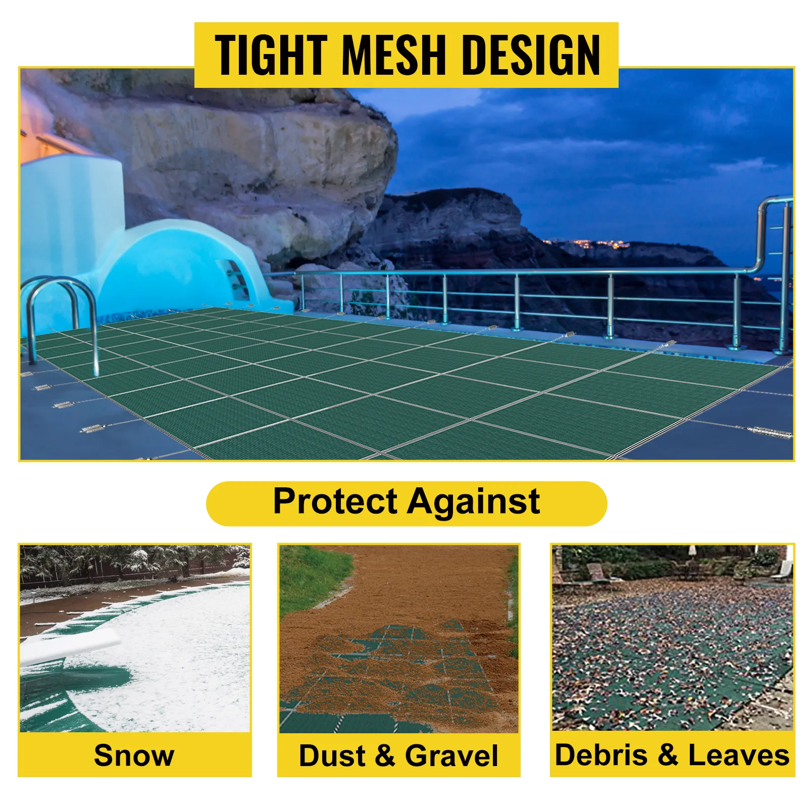 VEVOR inground pool safety cover tight mesh design protects against snow, dust, gravel, debris, and leaves.