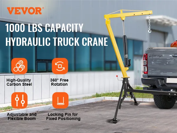 Hydraulischer Pickup-Truck-Kran von VEVOR mit 1000 lbs Tragkraft, verstellbarem Ausleger und 360°-Drehung.
