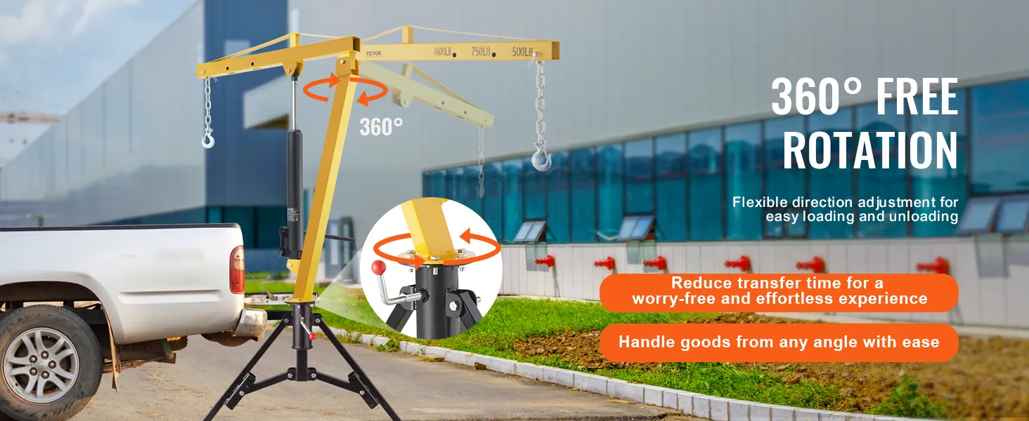Hydraulischer Pickup-Truck-Kran von VEVOR mit 360°-Drehung für einfaches Be- und Entladen in Gebäudenähe.