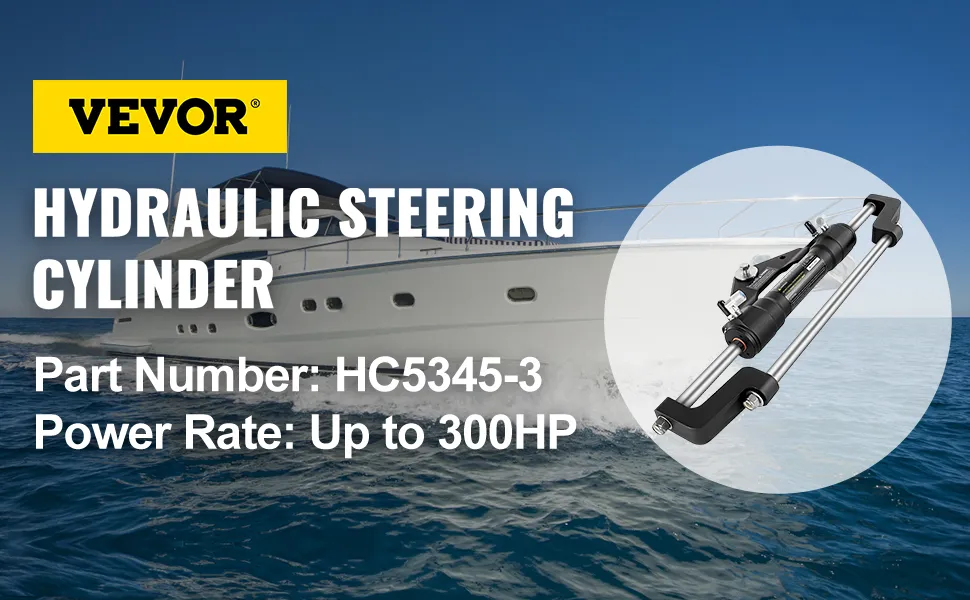 VEVOR hydraulic steering cylinder for boats, part number hc5345-3, up to 300hp.