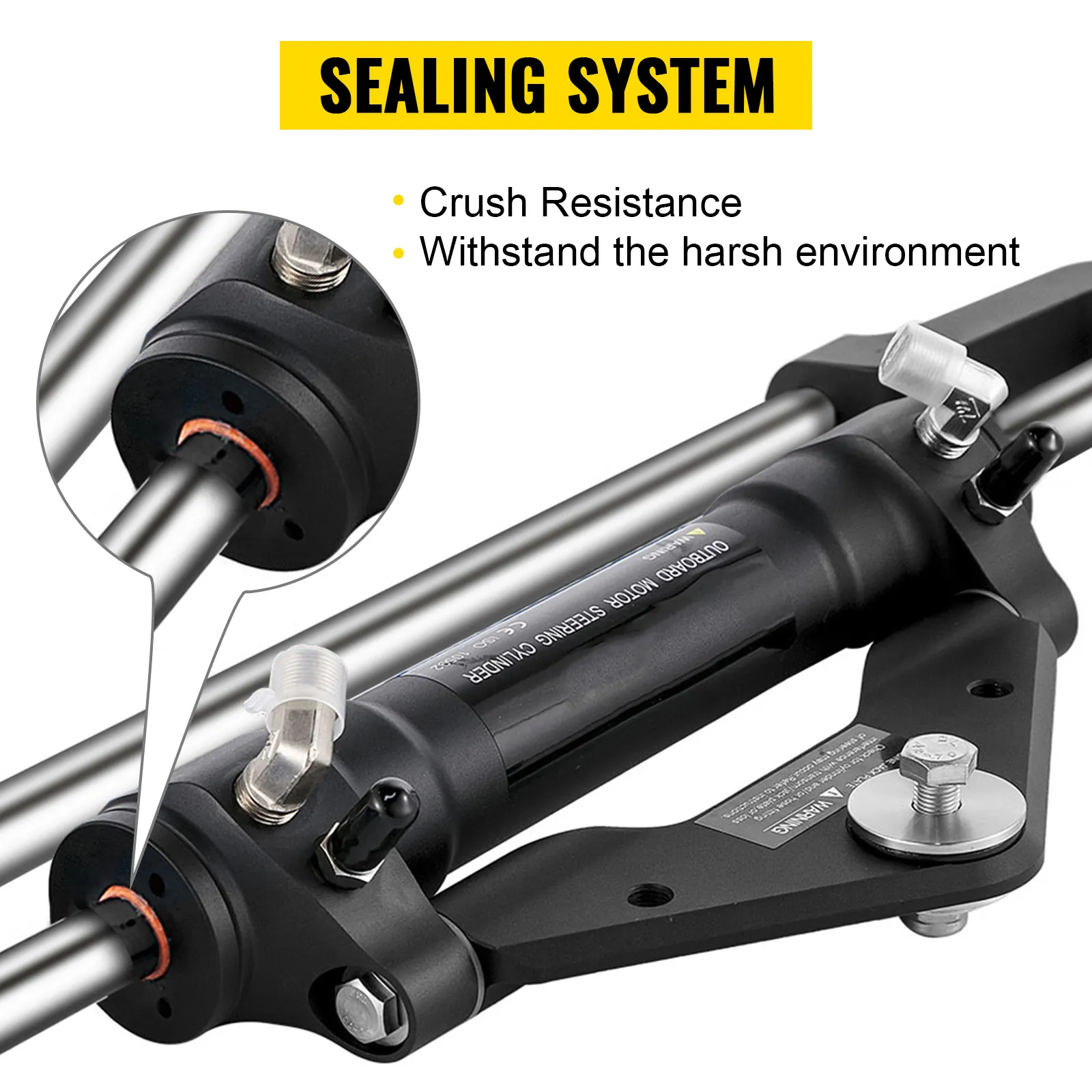VEVOR hydraulic steering cylinder with crush resistance and durable sealing system.