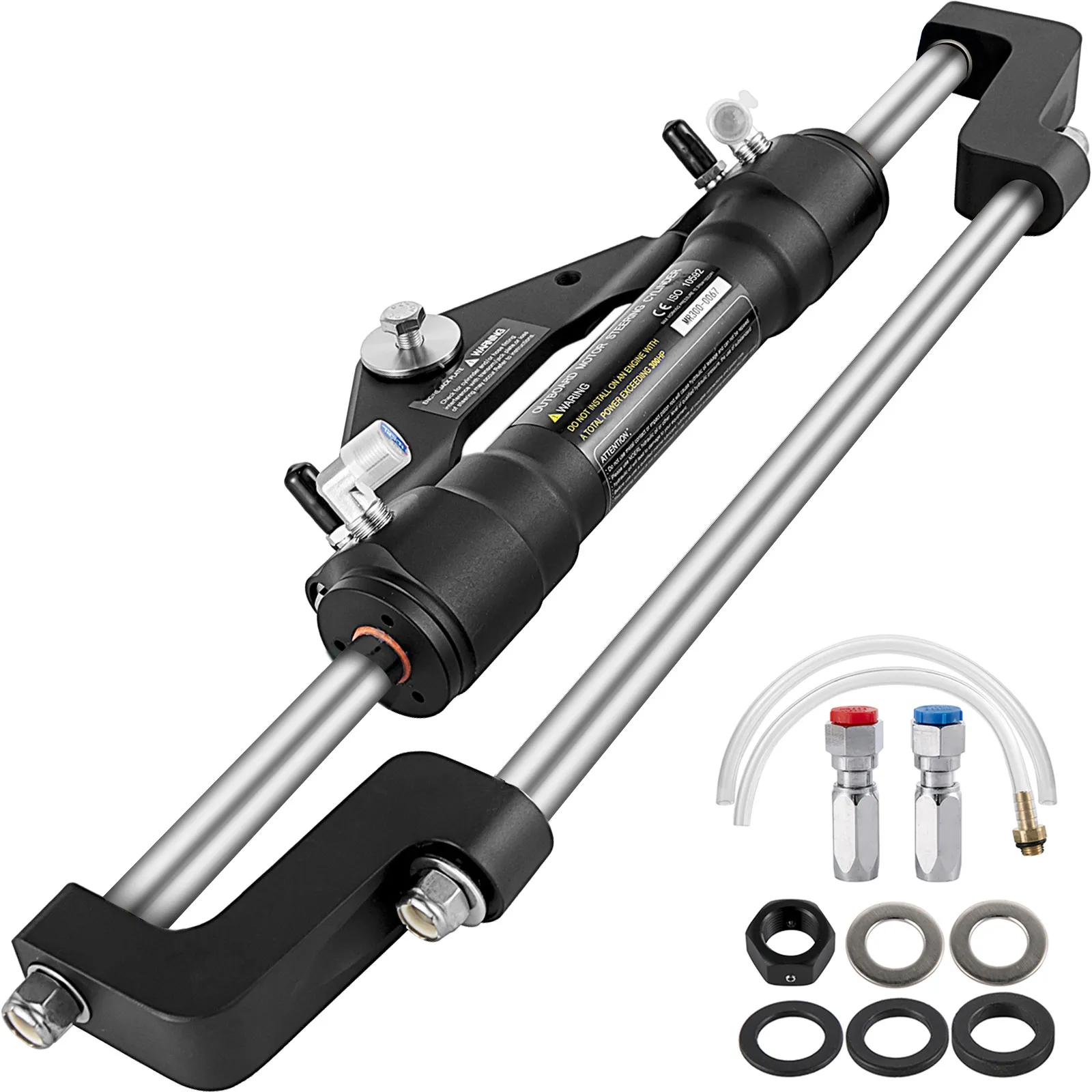 VEVOR hydraulic steering cylinder with connectors, hoses, and fittings.