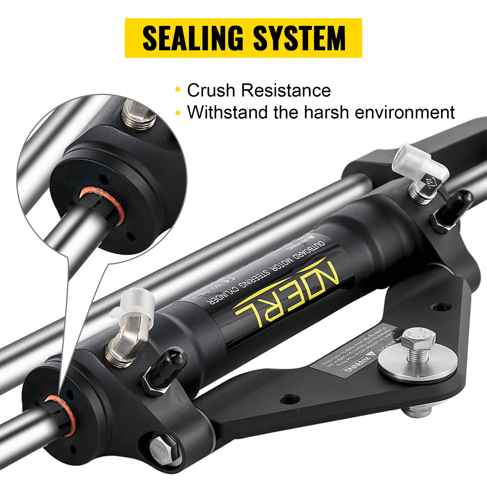 VEVOR hydraulic steering cylinder with sealing system for crush resistance and durability.