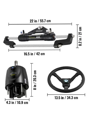 VEVOR hydraulic boat steering kit components and measurements in black.