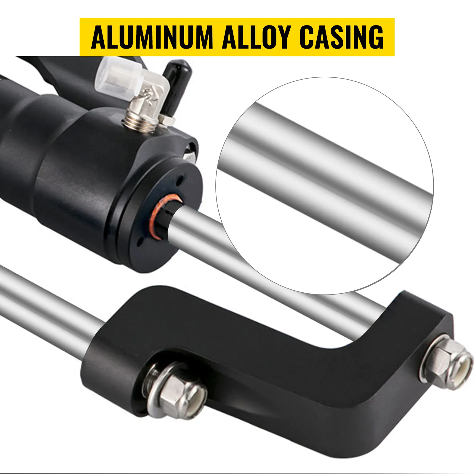 close-up of VEVOR hydraulic boat steering kit with aluminum alloy casing details.