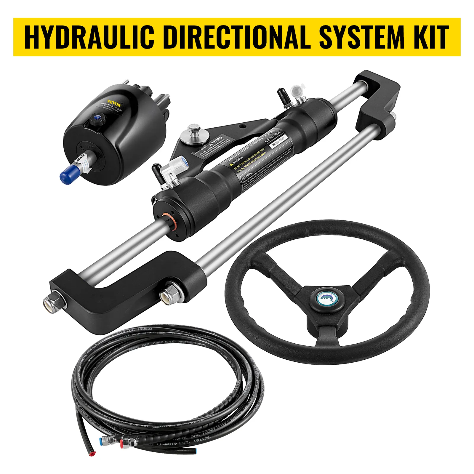 VEVOR hydraulic boat steering kit with cylinder, helm pump, wheel, and hoses.