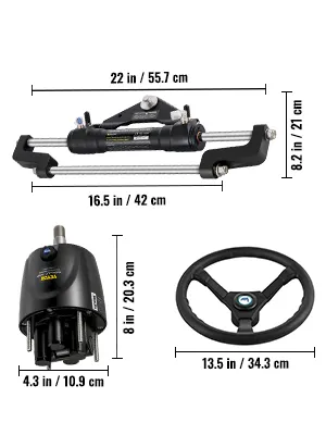 VEVOR hydraulic outboard steering kit with measurements for various components.