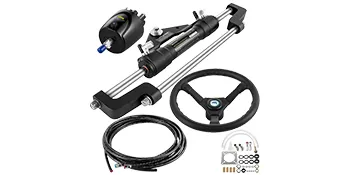 VEVOR hydraulic outboard steering kit with wheel, hoses, and mounting hardware.