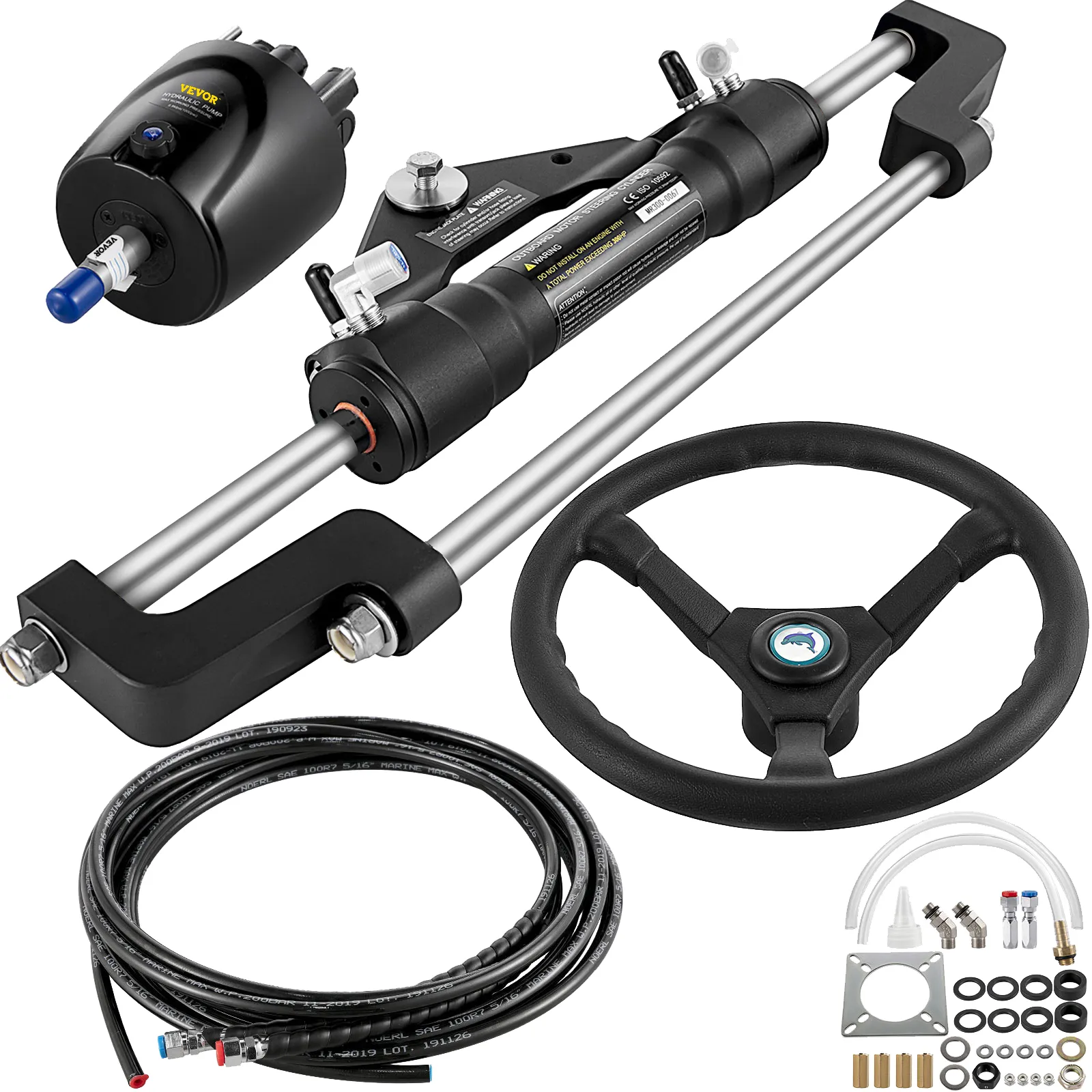 VEVOR hydraulic outboard steering kit with helm pump, cylinder, steering wheel, and hoses.