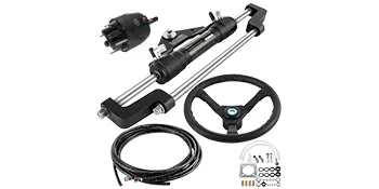 VEVOR hydraulic boat steering kit with wheel, hoses, and installation hardware set.