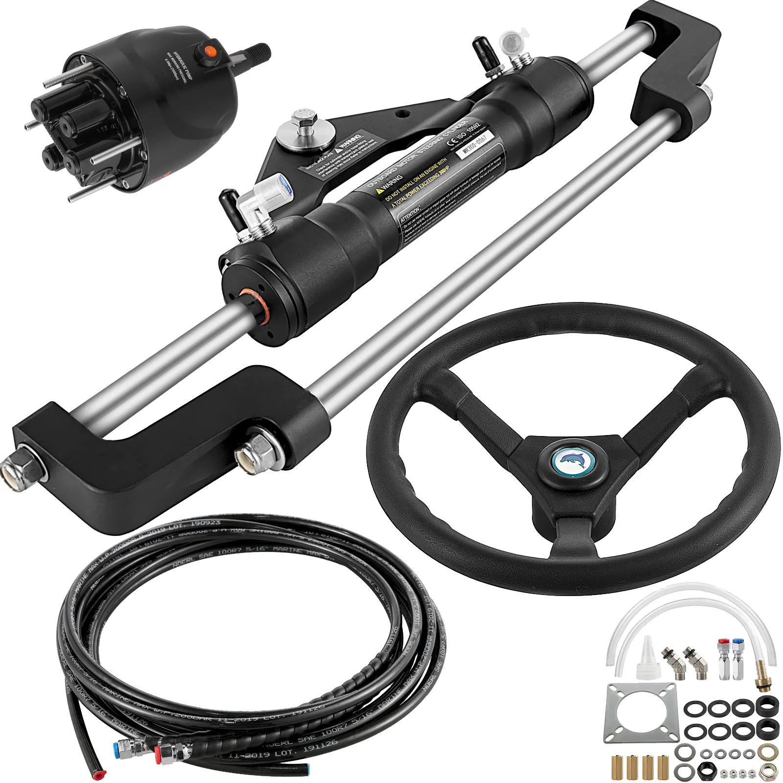 VEVOR hydraulic boat steering kit with wheel, cables, and mounting hardware.
