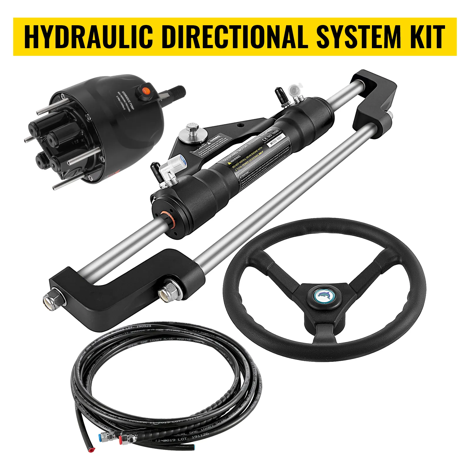 VEVOR hydraulic boat steering kit components: helm, cylinder, wheel, and hoses.