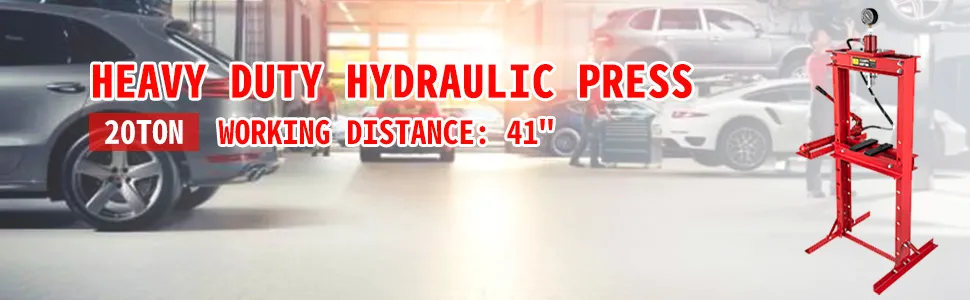 Prasa hydrauliczna VEVOR o udźwigu 20 ton i odległości roboczej 41 cali w garażu samochodowym.