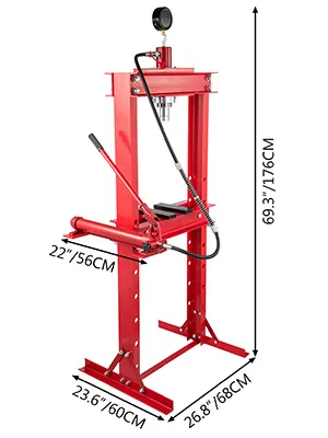 czerwona prasa hydrauliczna VEVOR o wymiarach: 22"x23,6"x26,8"x69,3".