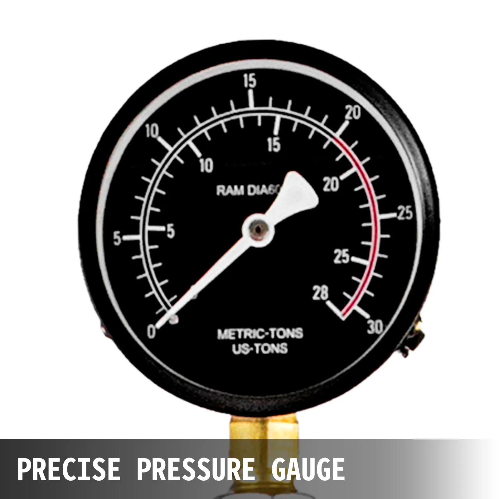 precyzyjny manometr na prasie hydraulicznej VEVOR pokazujący jednostki metryczne i amerykańskie.
