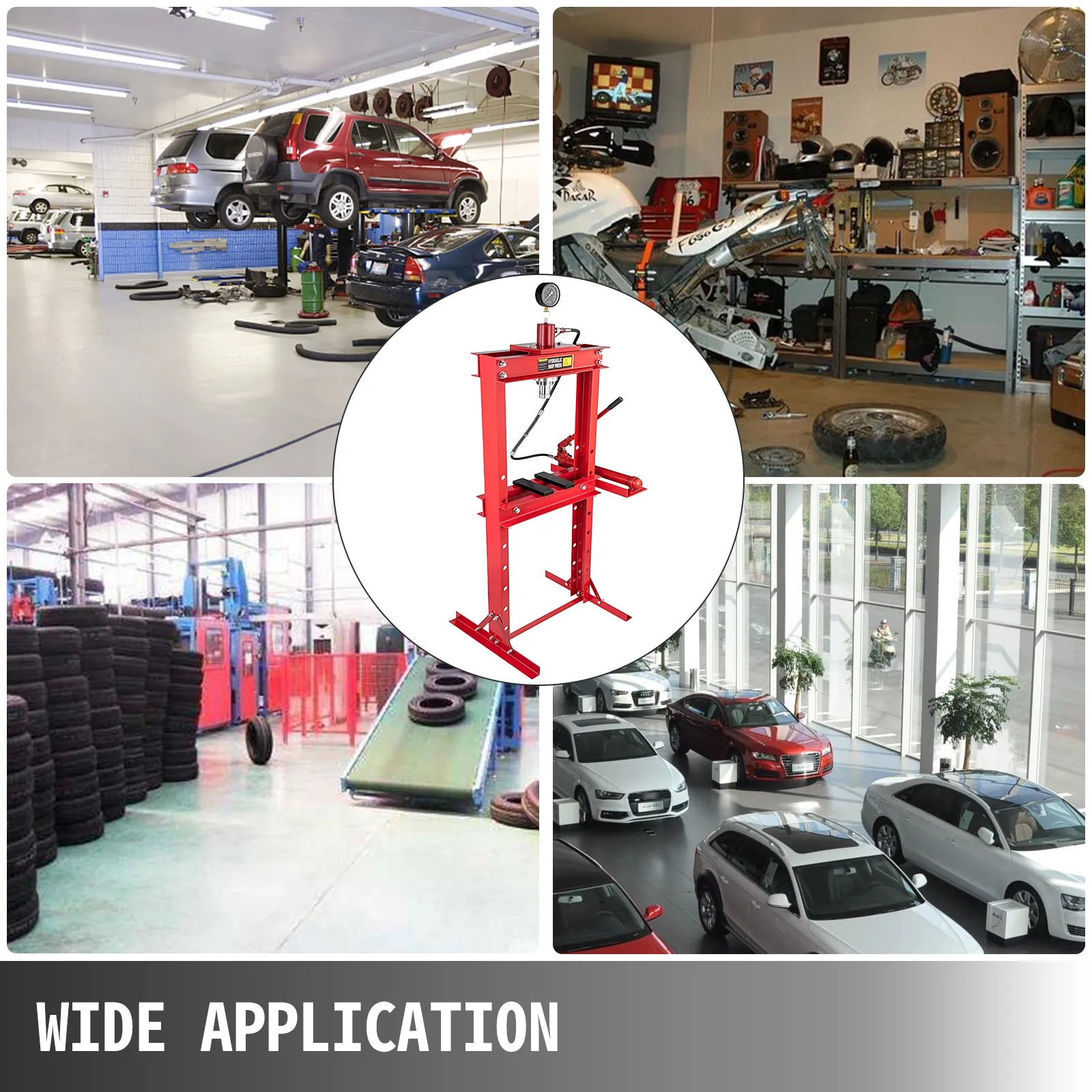 Prasa hydrauliczna VEVOR stosowana w różnych zastosowaniach motoryzacyjnych i przemysłowych. Szerokie zastosowanie.