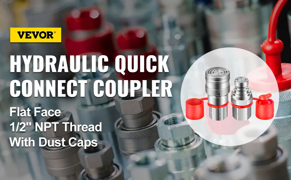 VEVOR hydraulic couplers with 1/2" npt thread and dust caps in a workshop setting.