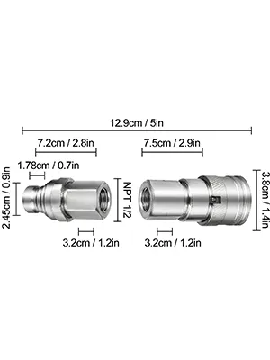 dimensions and measurements of VEVOR hydraulic couplers in centimeters and inches.