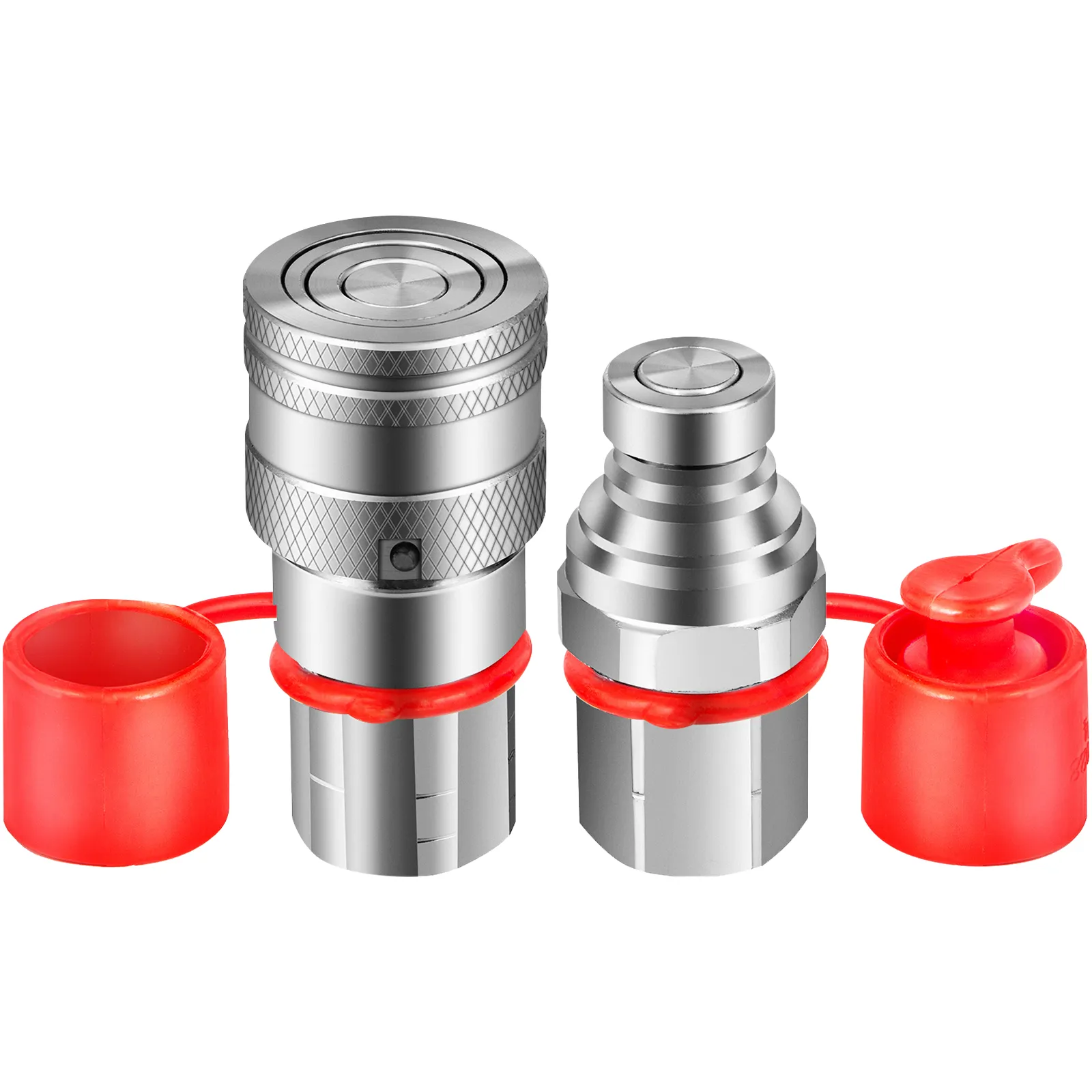 VEVOR hydraulic couplers with red protective caps, close-up view.
