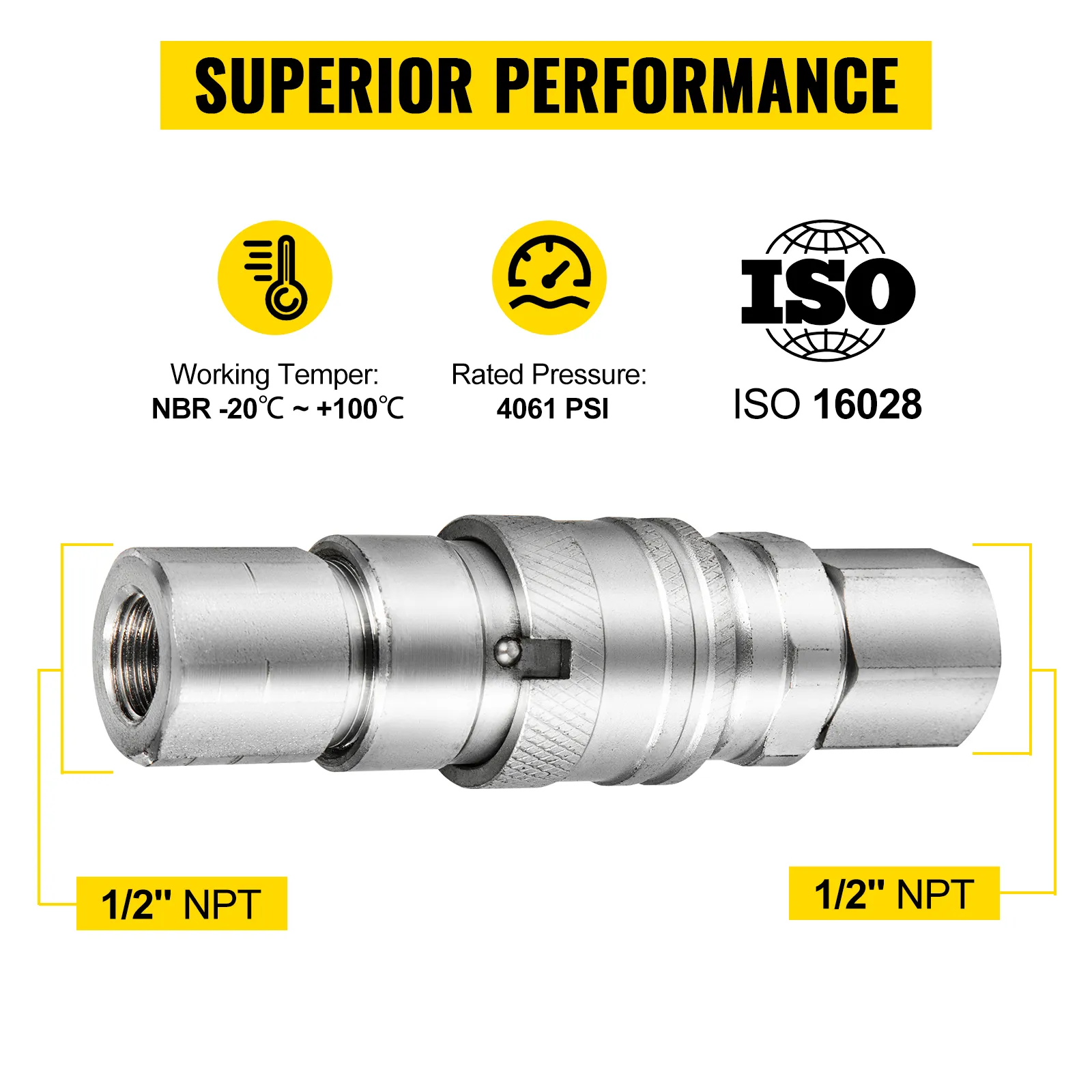 VEVOR hydraulic couplers with 1/2" npt, rated 4061 psi, iso 16028 certified.