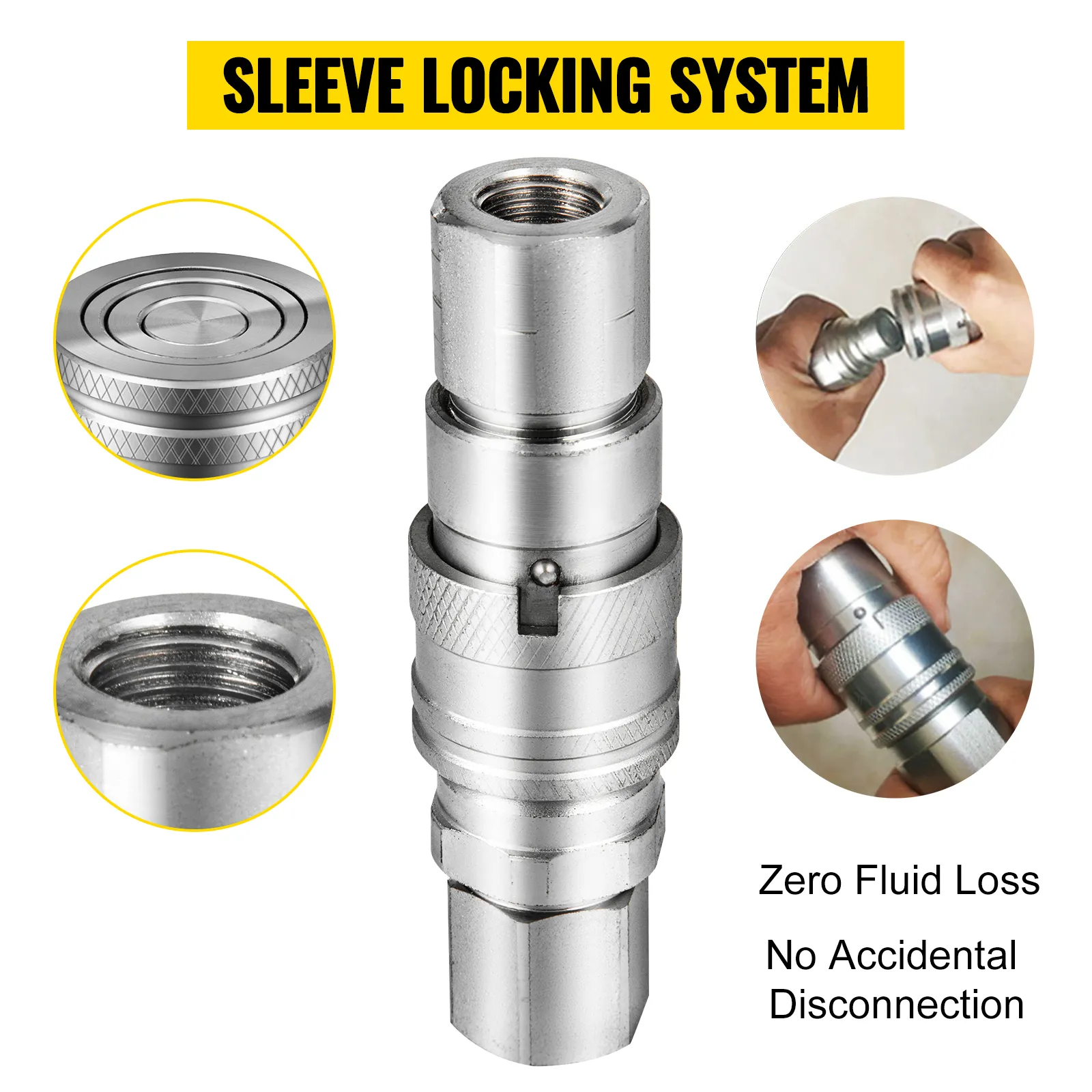 VEVOR hydraulic couplers with a sleeve locking system, zero fluid loss, and no accidental disconnection.