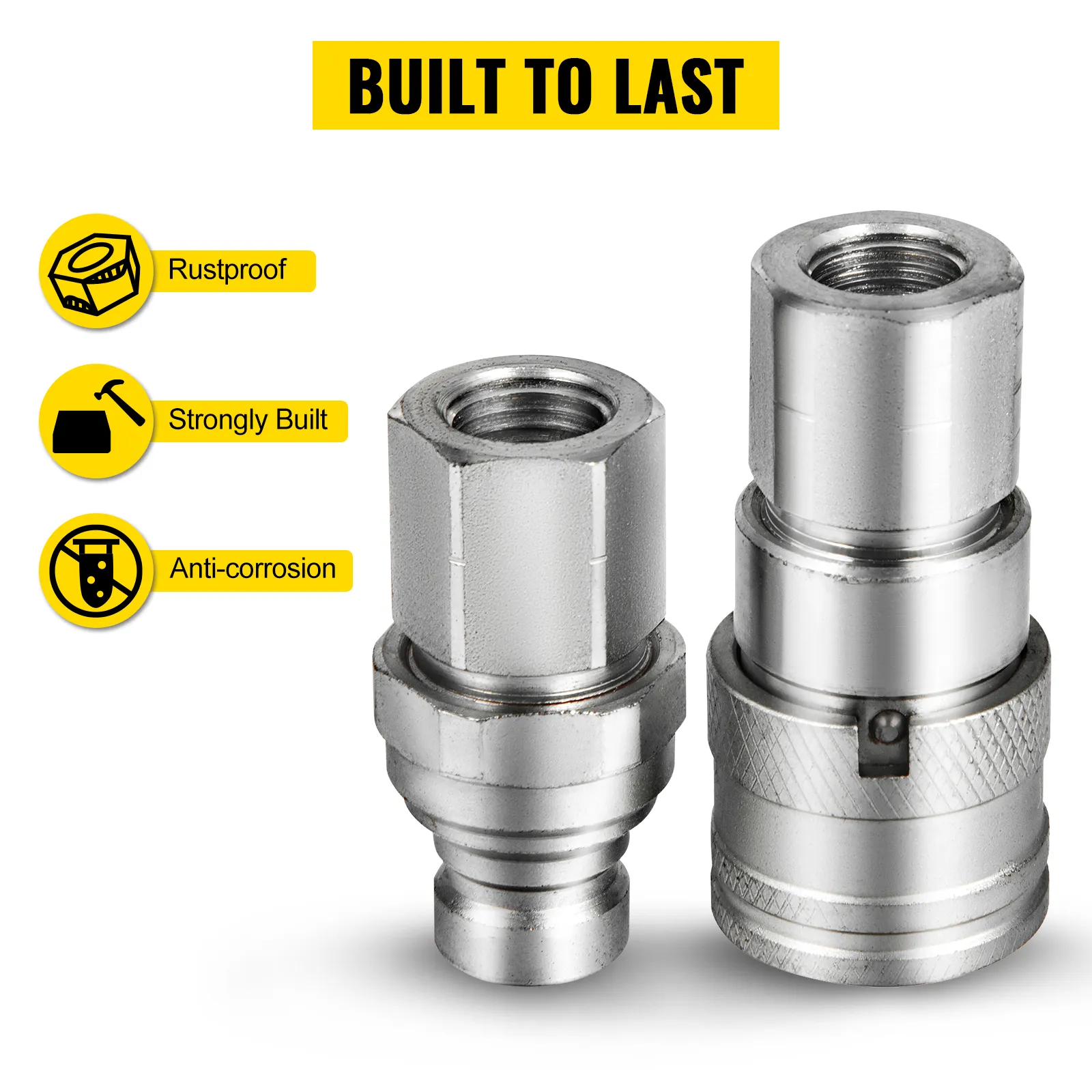 VEVOR hydraulic couplers, rustproof, strongly built, anti-corrosion, built to last.