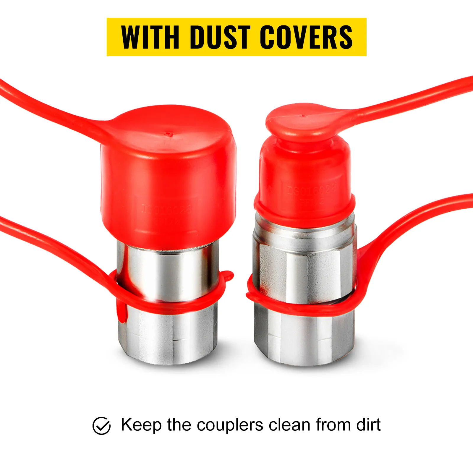 VEVOR hydraulic couplers with red dust covers for cleanliness and protection.