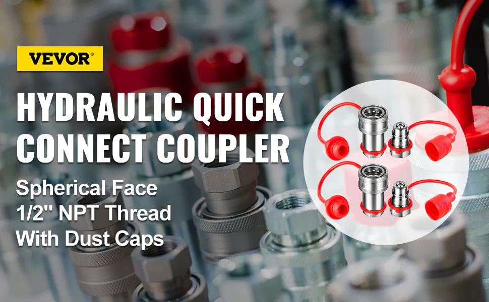 VEVOR hydraulic couplers on industrial background with 1/2" npt thread and dust caps.