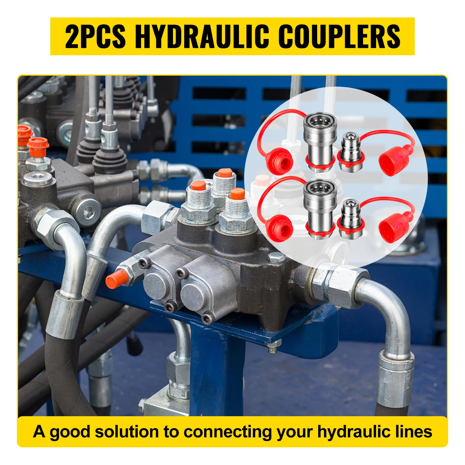 2pcs VEVOR hydraulic couplers with hoses and protective caps attached.