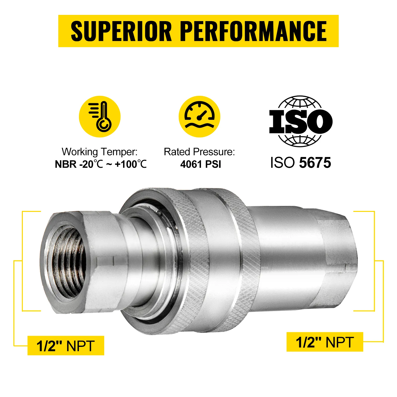 VEVOR hydraulic couplers with 1/2" npt, rated 4061 psi, iso 5675, temp -20°c to 100°c.