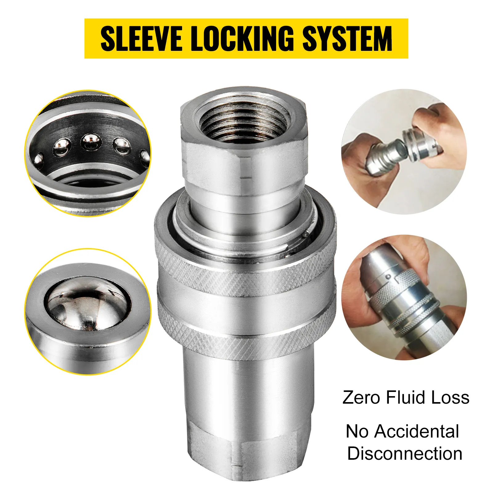 VEVOR hydraulic couplers with sleeve locking system, zero fluid loss, and secure fit.