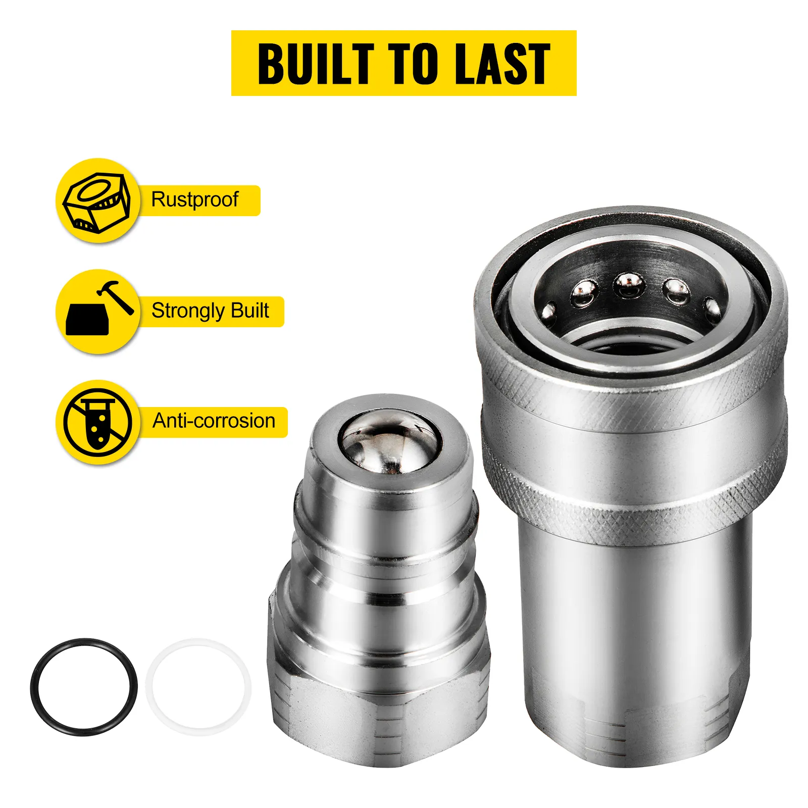 VEVOR hydraulic couplers: rustproof, strongly built, anti-corrosion, built to last.