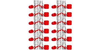 Conexiones rápidas hidráulicas para minicargadoras VEVOR con tapas rojas en varias filas.