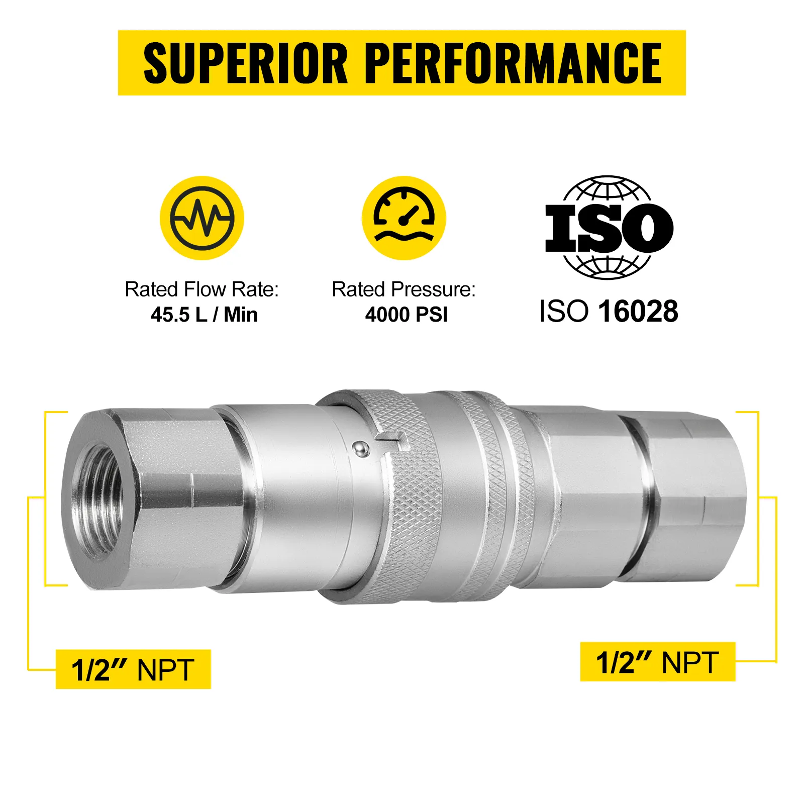Conexión rápida hidráulica para minicargadora VEVOR, 1/2" npt, 45,5 l/min, 4000 psi, iso 16028.