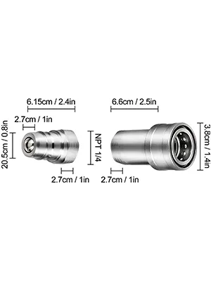 Acopladores hidráulicos VEVOR con dimensiones etiquetadas, mostrando conectores macho y hembra.