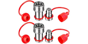 Acopladores hidráulicos VEVOR de acero inoxidable con tapas protectoras rojas y conectores flexibles.