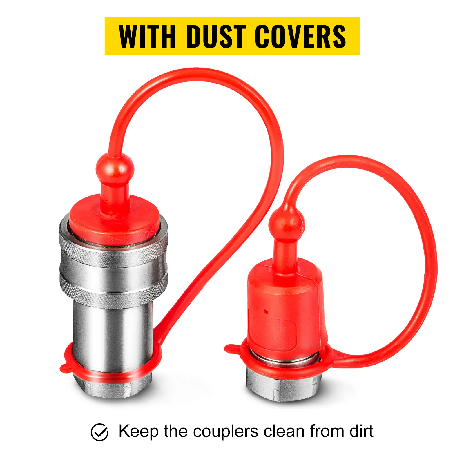 Acopladores hidráulicos VEVOR con cubiertas antipolvo rojas, mantienen los acopladores limpios de suciedad