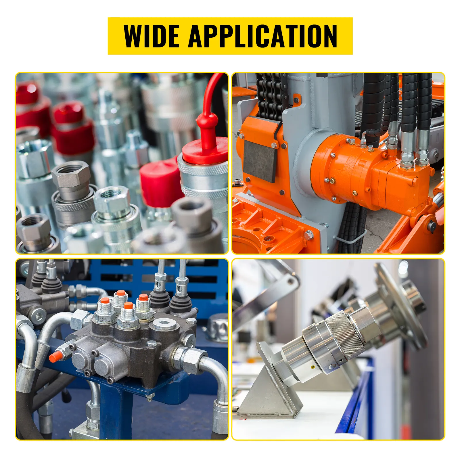 Acopladores hidráulicos VEVOR en diversas aplicaciones industriales y configuraciones de maquinaria.