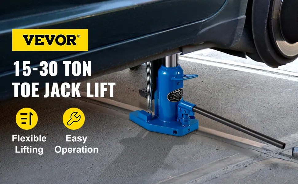 Gato hidráulico de punta VEVOR que levanta un automóvil, destacando su capacidad de 15 a 30 toneladas y su fácil operación.