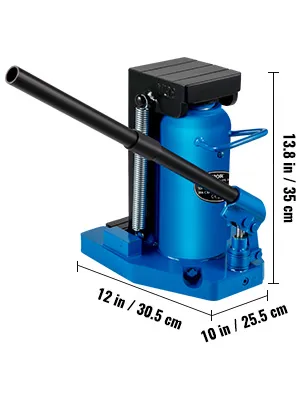 Gato hidráulico de punta azul VEVOR con dimensiones etiquetadas: 12 pulg., 10 pulg., 13,8 pulg.