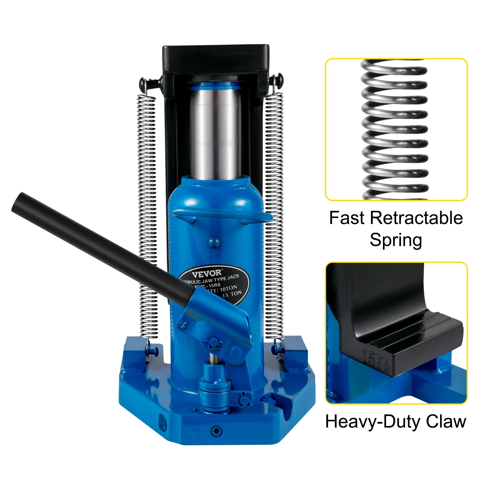 Gato hidráulico de punta VEVOR con resorte retráctil rápido y garra de alta resistencia.