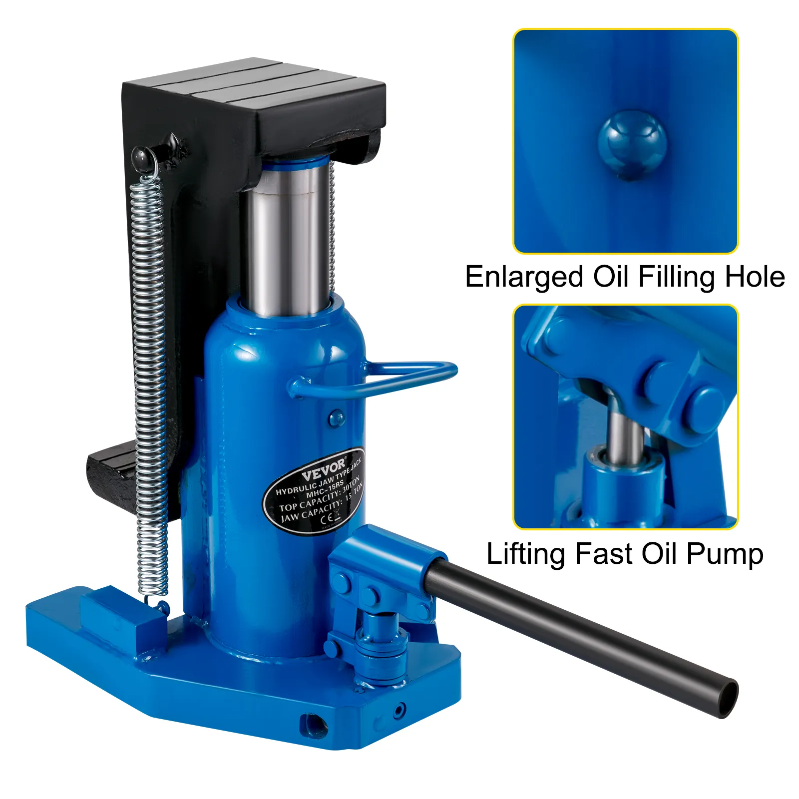Gato hidráulico de punta VEVOR azul con orificio de llenado de aceite agrandado y bomba de aceite de elevación rápida.