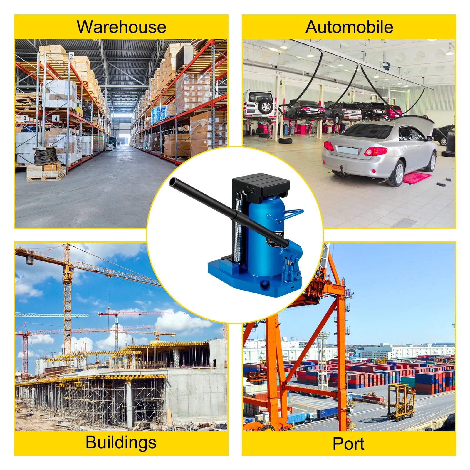 Gato hidráulico de uña VEVOR en uso: almacén, automóvil, edificios, puerto