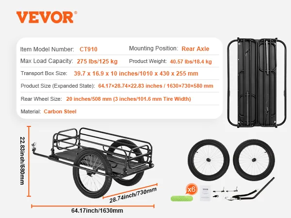 VEVOR bike cargo trailer with 275 lbs capacity, 20" wheels, carbon steel frame, and rear axle mounting.